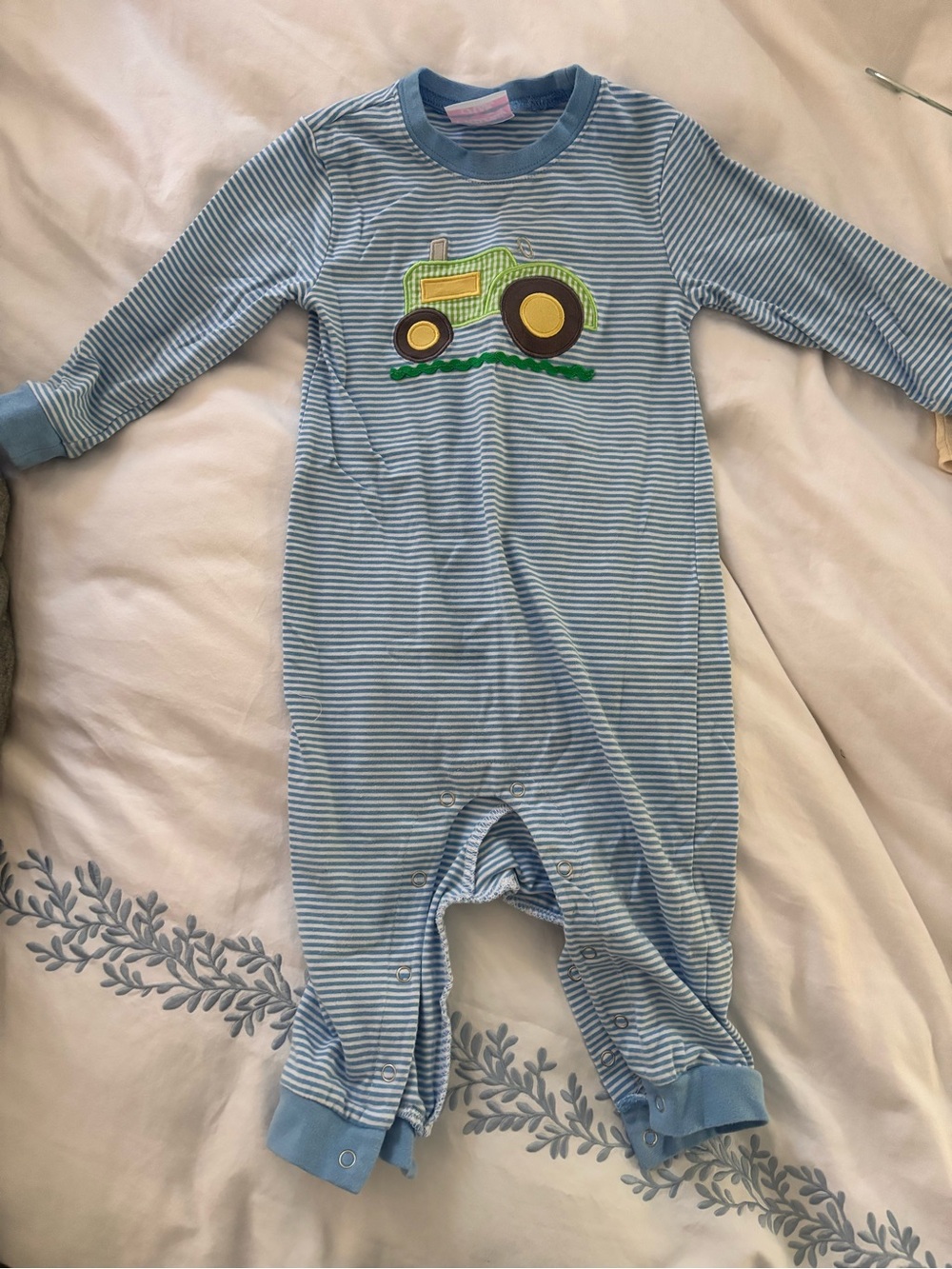 Blue Striped Baby One-Piece with Tractor Applique